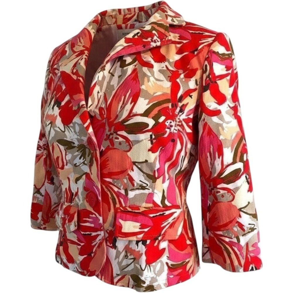 Elementz Womens Pink Floral 3/4 Sleeve Two Button Cropped Blazer Jacket